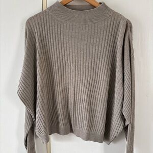 Graffiti Relaxed Oversized Cotton Ribbed Mock Neck Sweater Grey Women M/L
